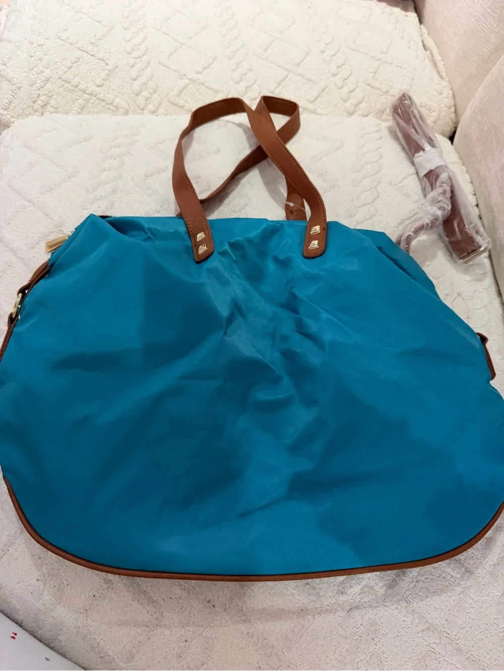 Charming Charlie Blue Nylon Tote bag  with Brown Trim - Women's Shoulder Bag